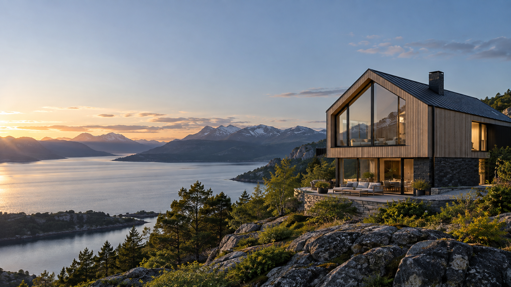 Moderne norsk bolig i fjellandskap